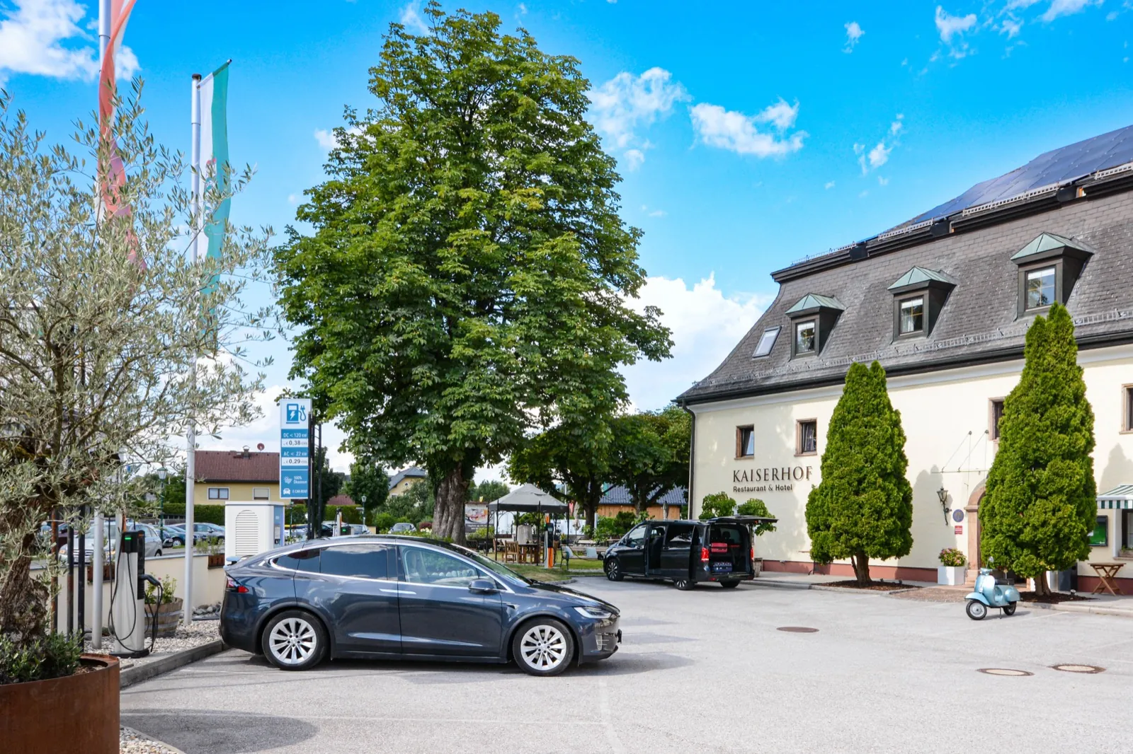 E-Ladestationen und Parkplatz vor dem Hotel Kaiserhof Anif