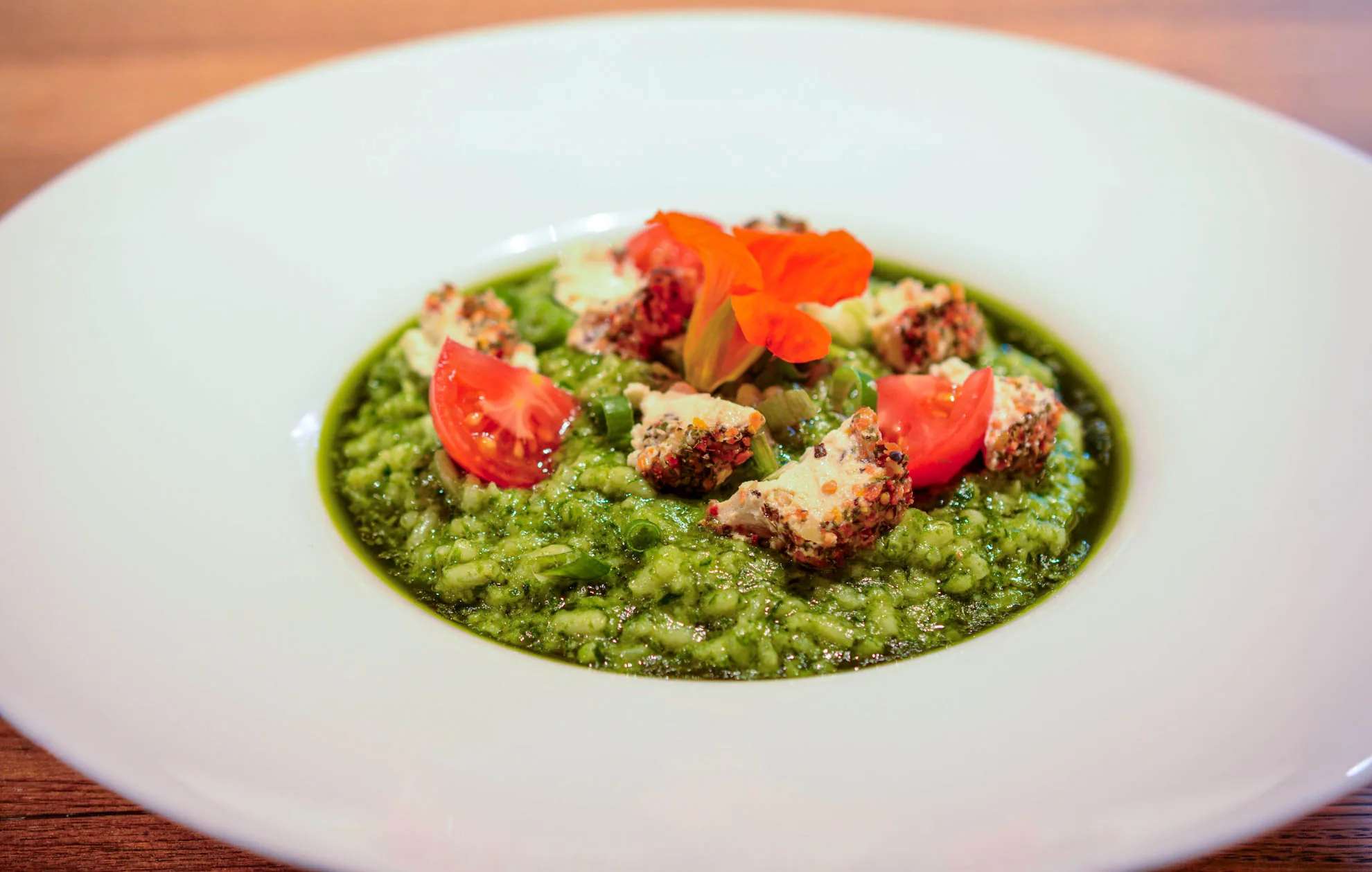 Grünes Risotto mit Tomaten auf weißem Teller